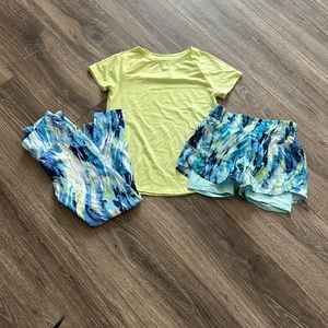 Lime, green sad has leggings and shorts